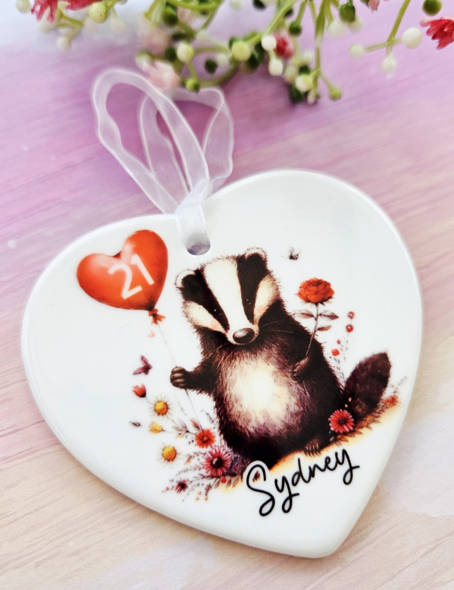 Personalised Badger Birthday Ceramic Heart Keepsake - Image 3