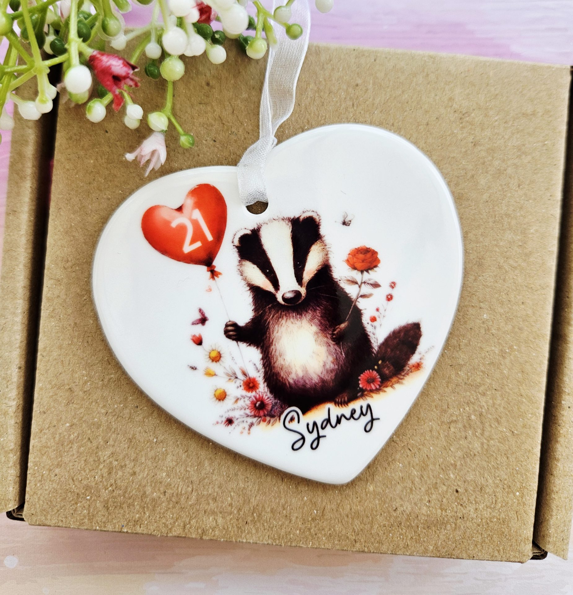 Personalised Badger Birthday Ceramic Heart Keepsake - Image 4