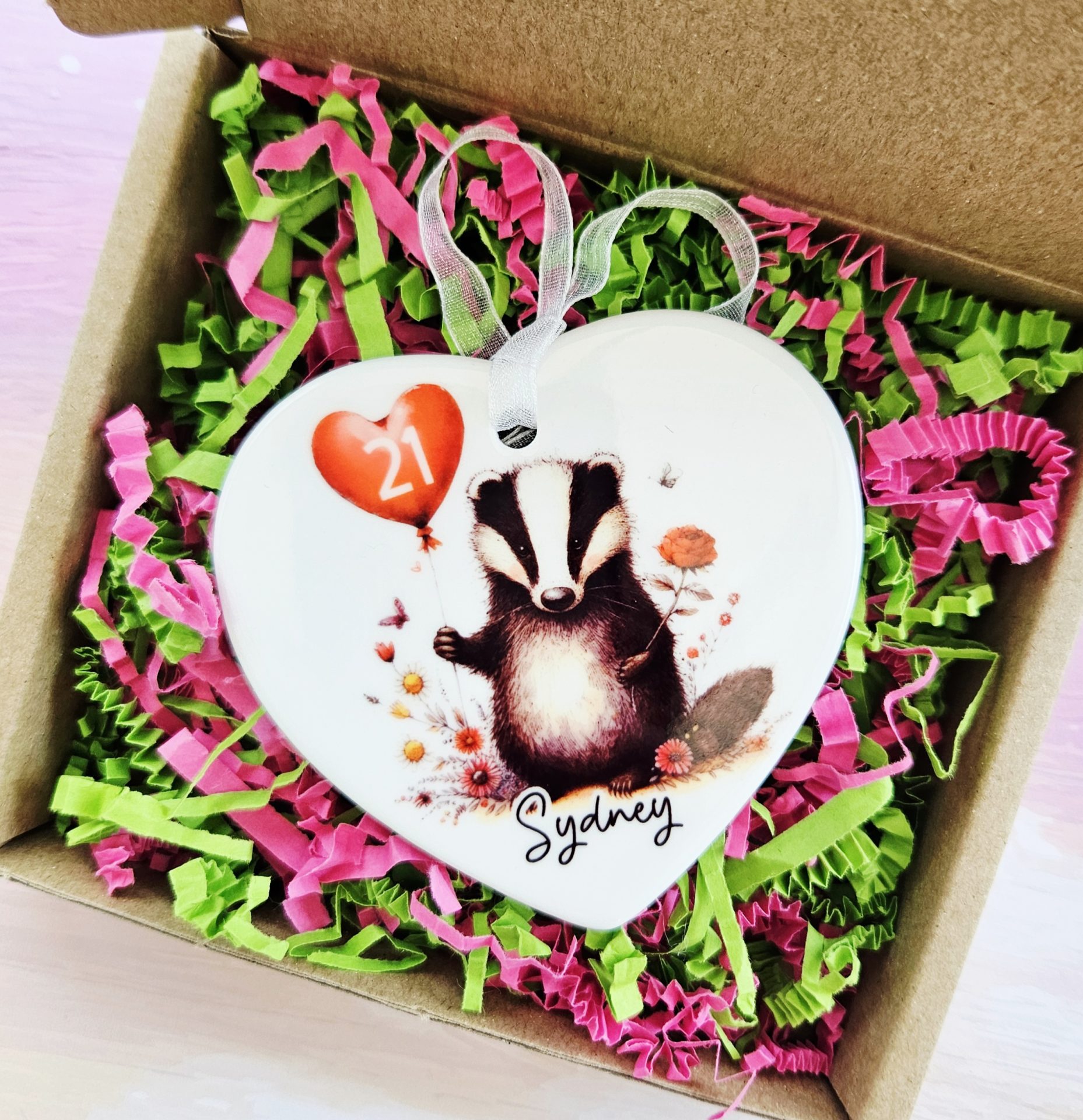 Personalised Badger Birthday Ceramic Heart Keepsake - Image 5