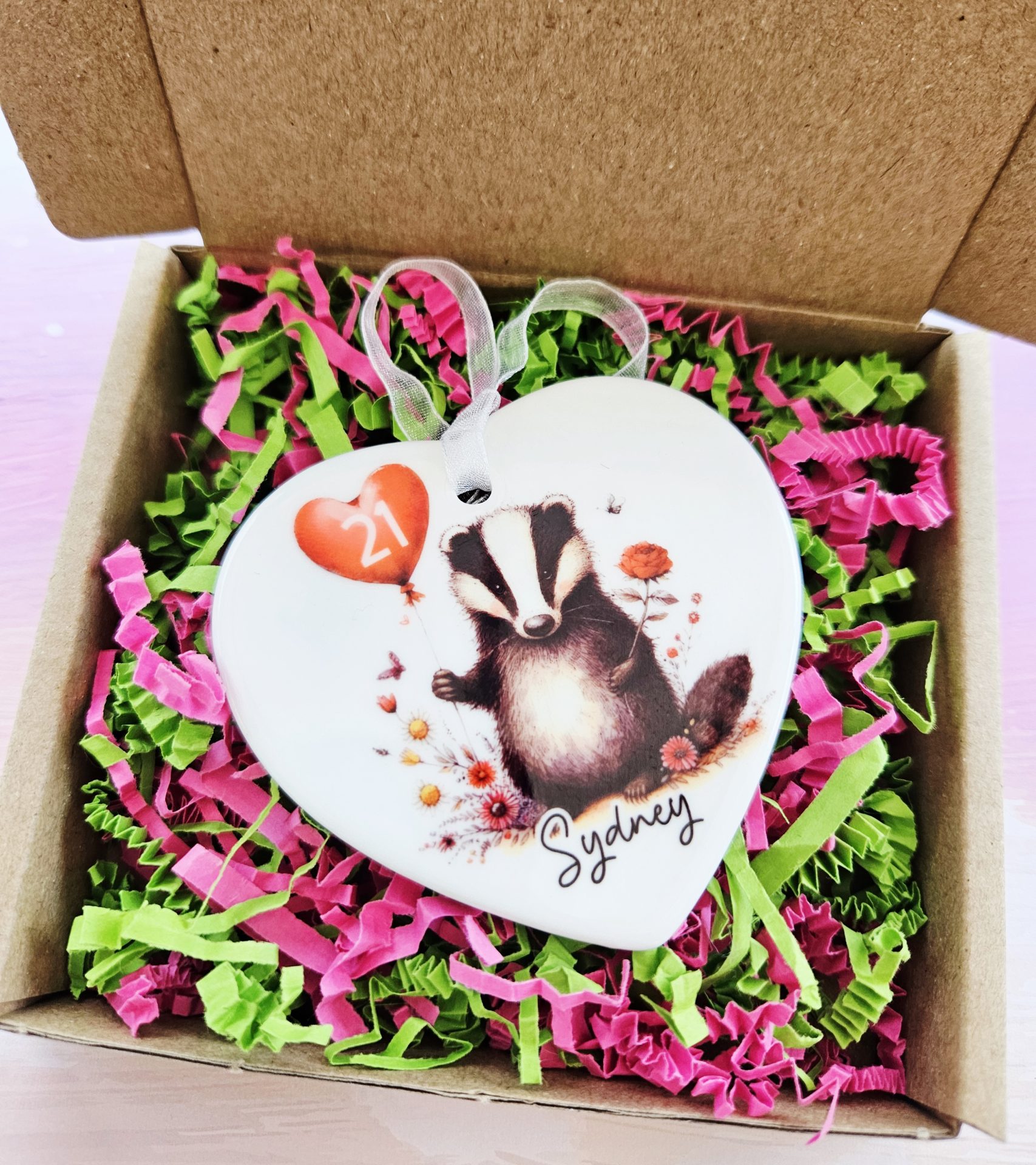Personalised Badger Birthday Ceramic Heart Keepsake - Image 6