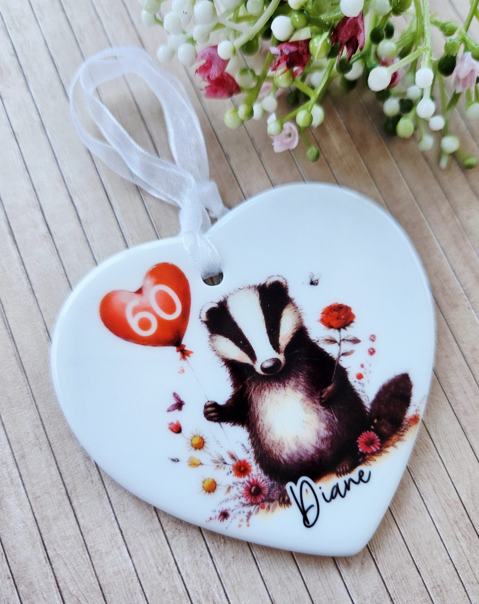 Personalised Badger Birthday Ceramic Heart Keepsake - Image 4