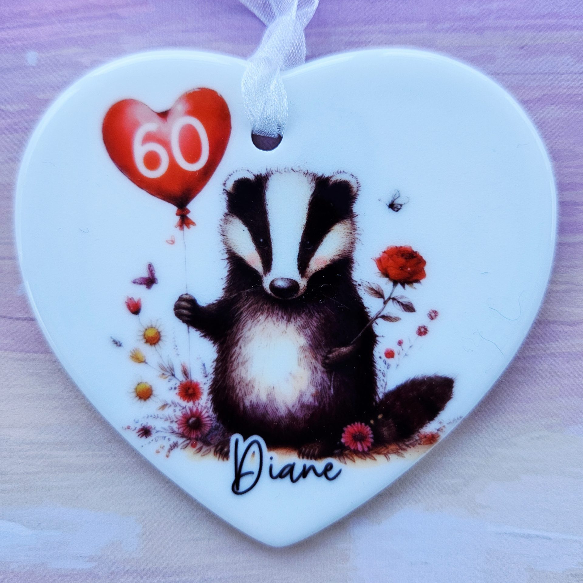 Personalised Badger Birthday Ceramic Heart Keepsake
