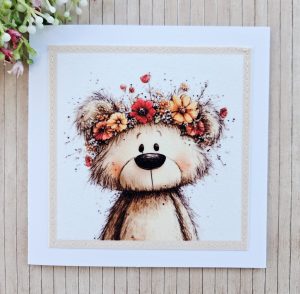 Handmade Teddy Bear Fabric Greeting Card – Blank 5 x 5 Card