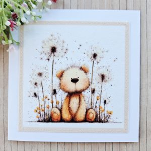 Handmade Teddy Bear Fabric Greeting Card – Blank 5 x 5 Card