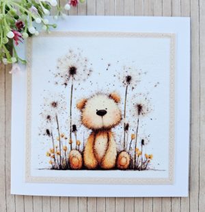 Handmade Teddy Bear Fabric Greeting Card – Blank 5 x 5 Card