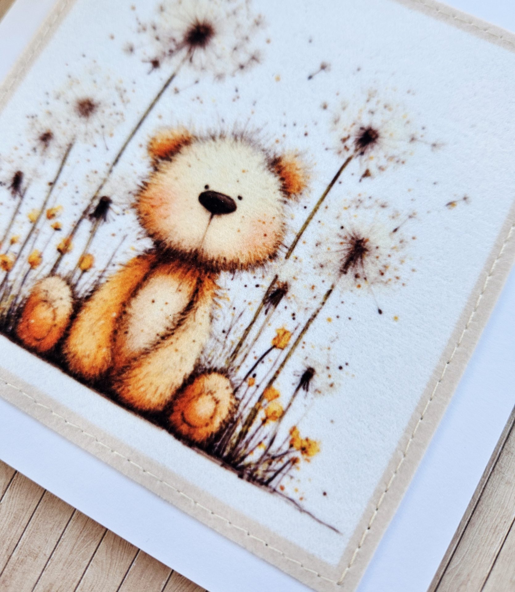 Handmade Teddy Bear Fabric Greeting Card – Blank 5 x 5 Card - Image 2
