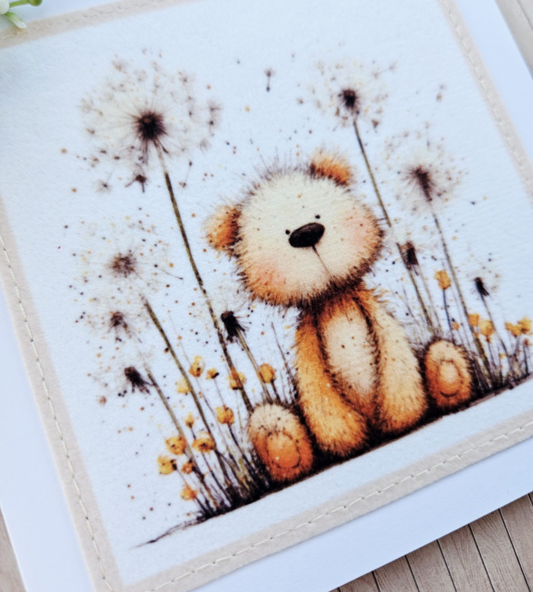 Handmade Teddy Bear Fabric Greeting Card – Blank 5 x 5 Card - Image 3