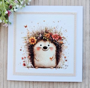 Handmade Hedgehog Fabric Greeting Card – Blank 5 x 5 Card