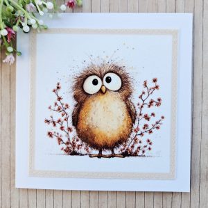 Handmade Owl Fabric Greeting Card – Blank 5 x 5 Card