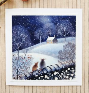 Handmade Winter Mice Fabric Greeting Card – Blank 5 x 5