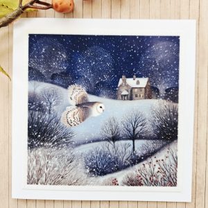 Handmade Winter Owl Fabric Greeting Card – Blank 5 x 5