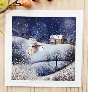 Handmade Winter Owl Fabric Greeting Card – Blank 5 x 5