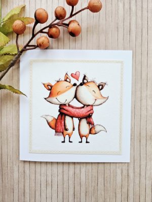 Handmade Fox Couple Fabric Greeting Card – Blank 5 x 5