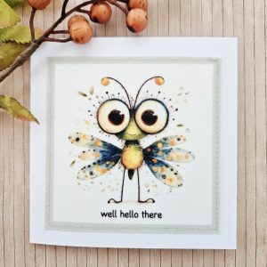Handmade Bug Fabric Greeting Card – Well Hello There – 5×5