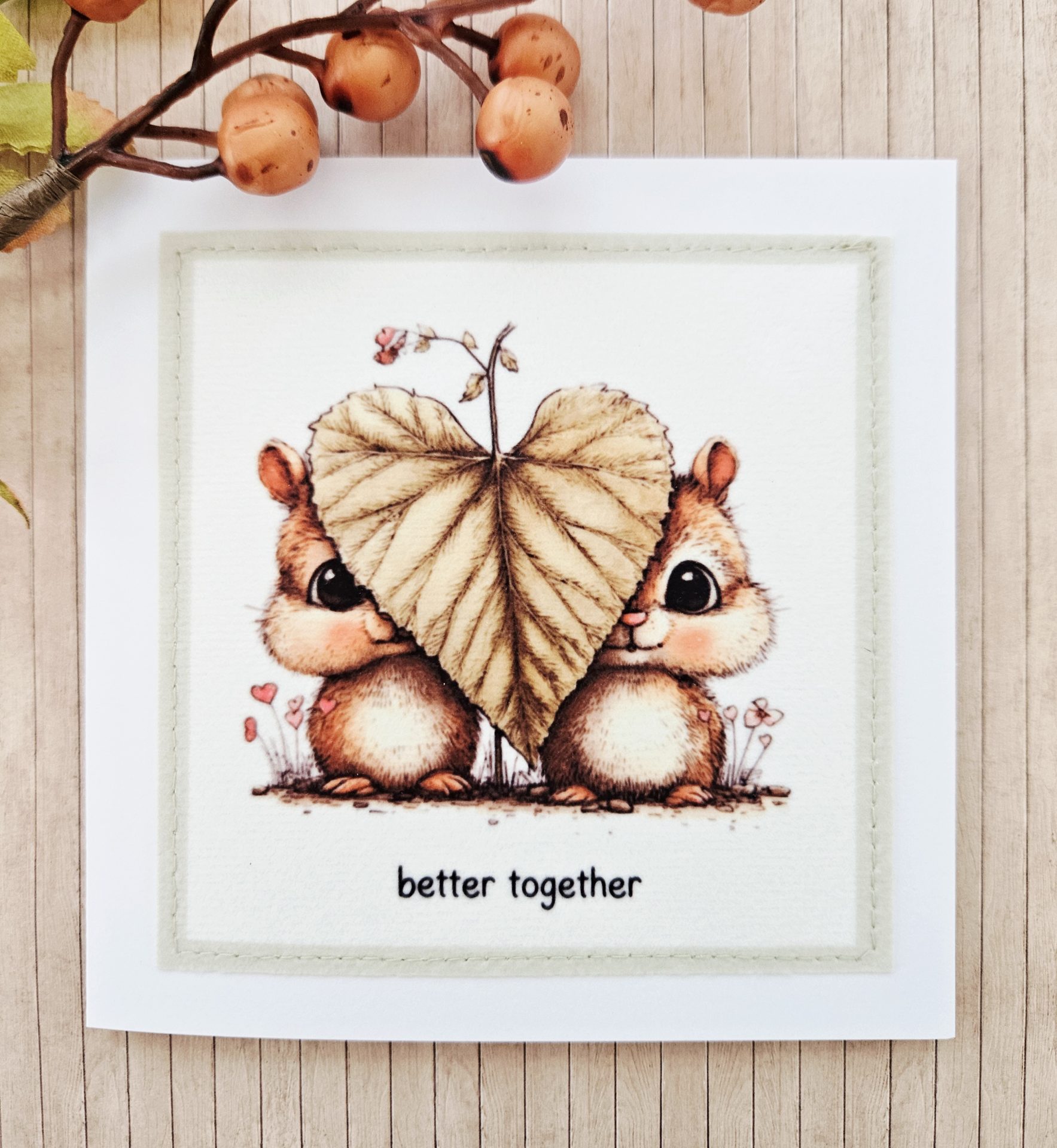 Handmade Chipmunk Fabric Greeting Card – Better Together – 5×5