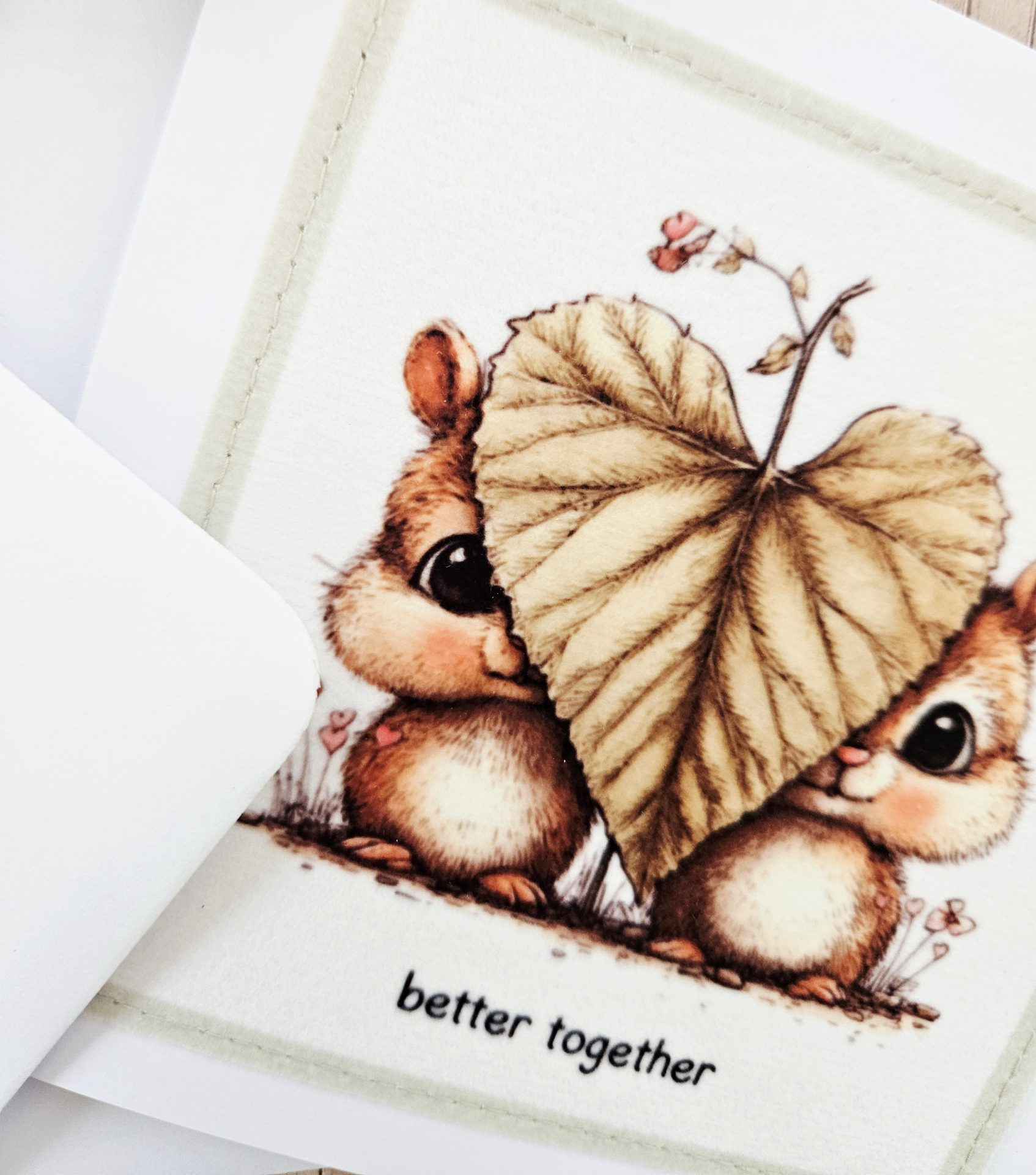 Handmade Chipmunk Fabric Greeting Card – Better Together – 5×5 - Image 5