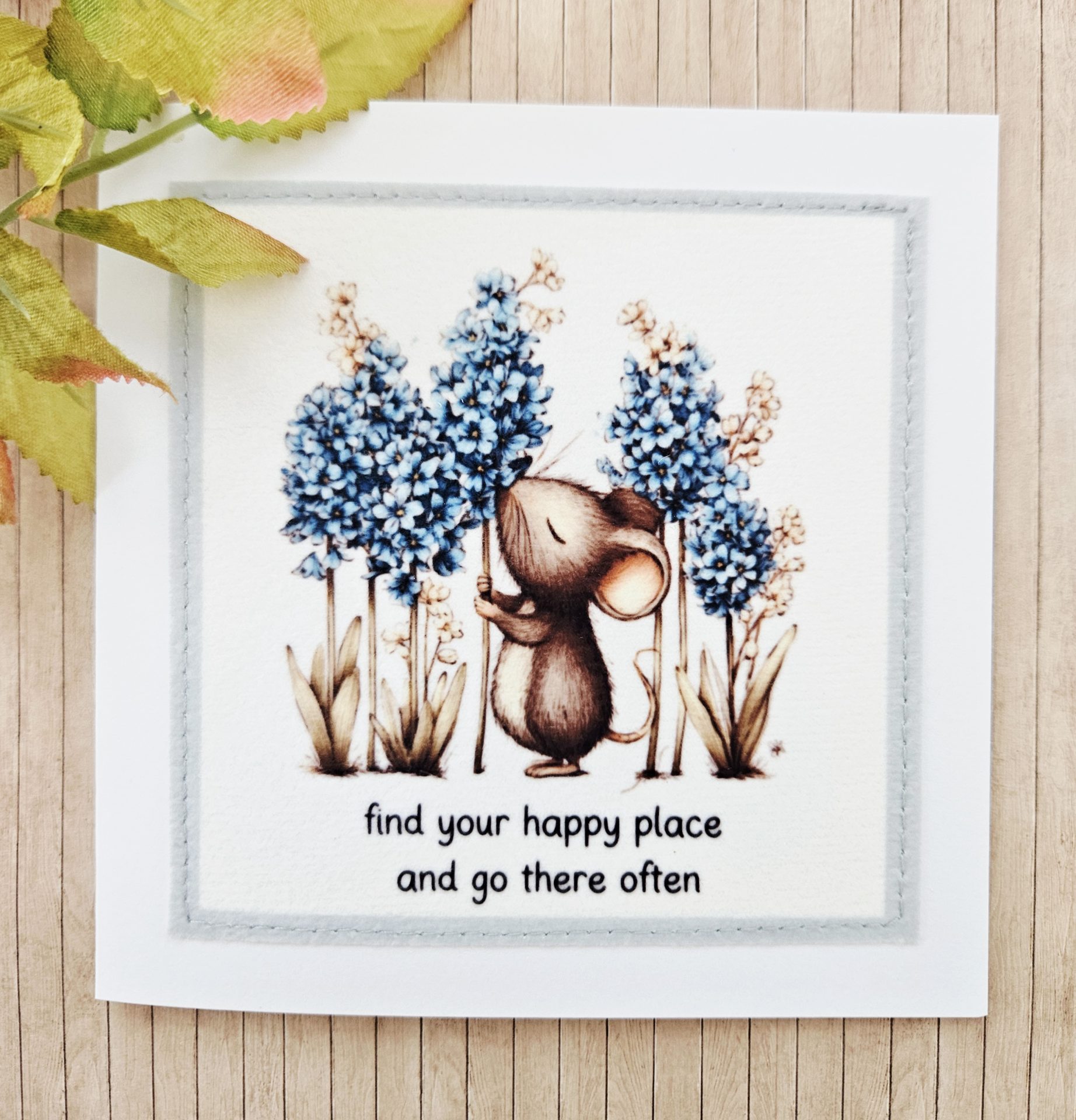 Handmade Mouse Fabric Greeting Card – Find Your Happy Place – 5×5