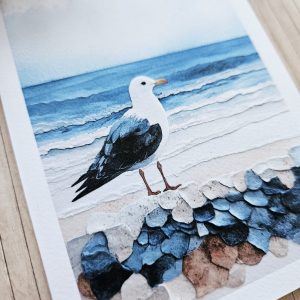 coastal greeting card featuring seagull and waves