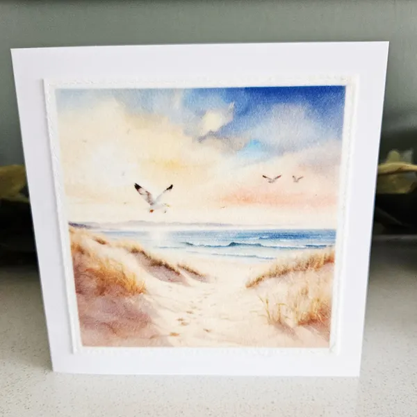 Handmade Beach Scene Fabric Greeting Card – 5×5