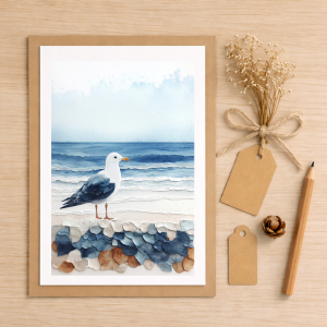 coastal seagull greeting card with seaside illustration