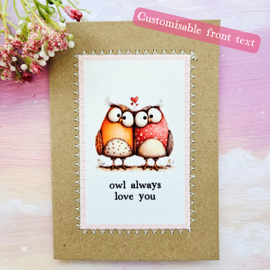 Handmade owl greeting card showing editable front text with up to four short words