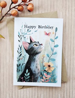 Cat birthday card for cat lover with floral cat illustration and butterflies