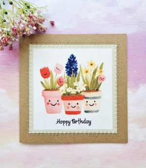 Potted plants birthday card handmade with stitched fabric floral design on kraft card