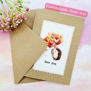 Handmade hedgehog love card showing editable front text with up to four short words