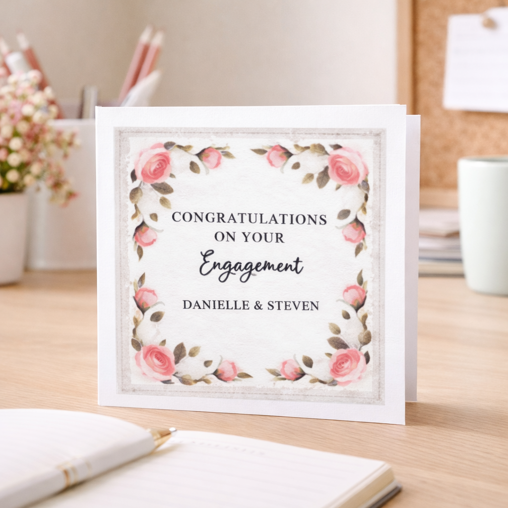 Personalised engagement card with romantic floral fabric wreath and custom names