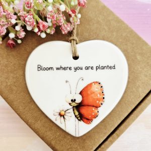 bloom where you are planted ceramic heart keepsake with butterfly and flower design