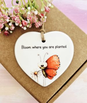 bloom where you are planted ceramic heart keepsake with butterfly and flower design