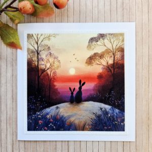 hare greeting card sunset countryside design stitched fabric