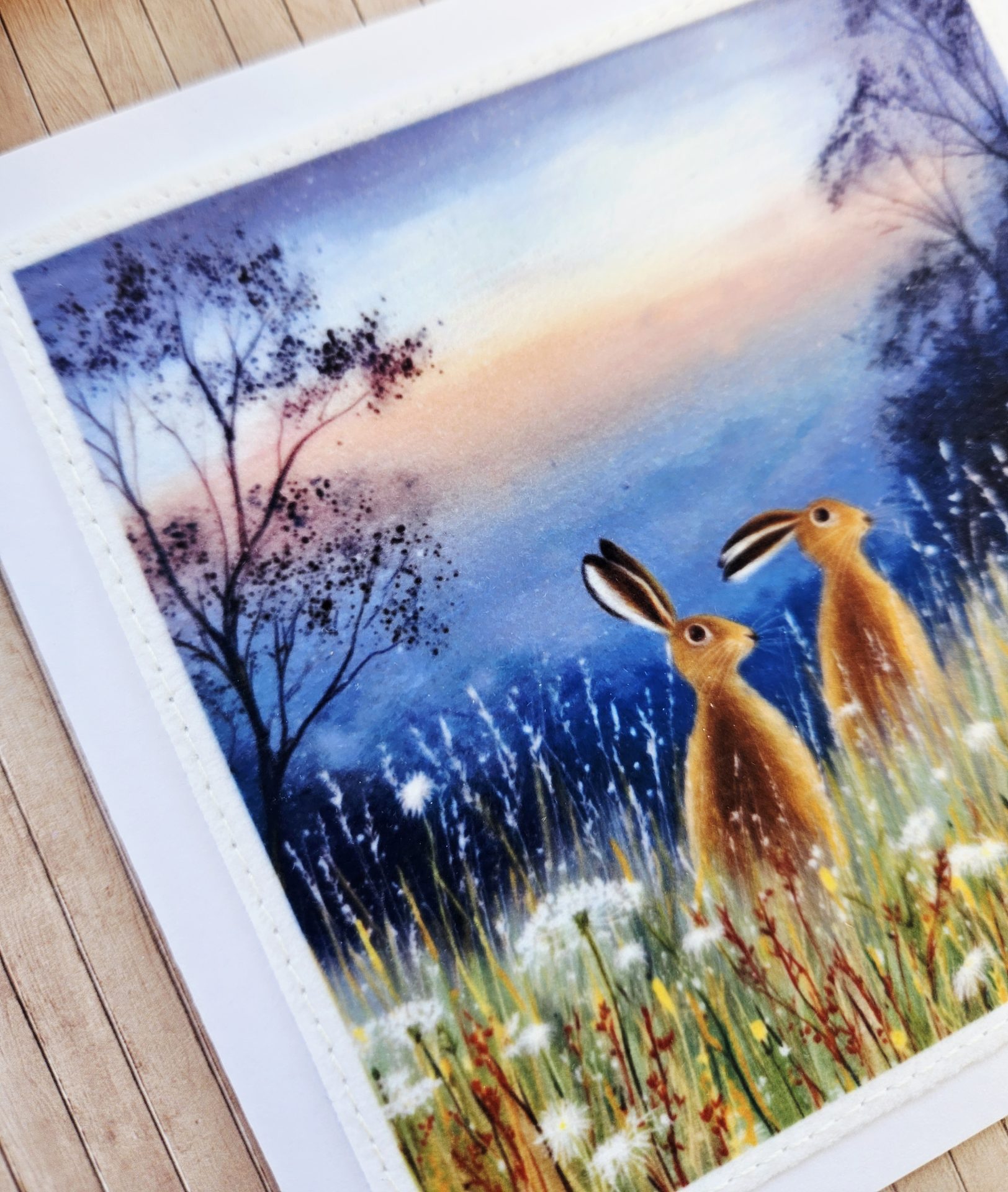 hare sympathy card woodland scene fabric stitched detail
