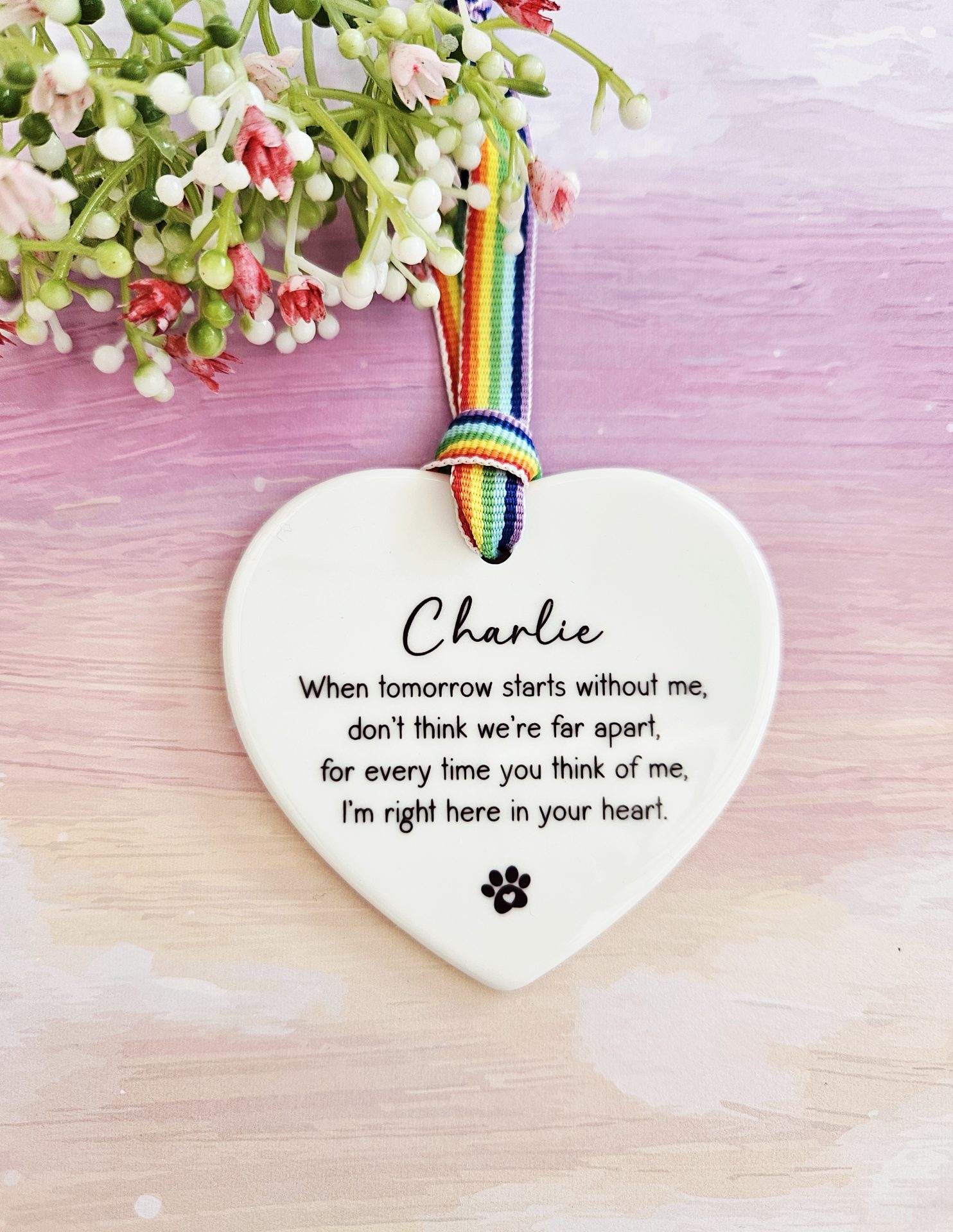 personalised dog memorial ceramic heart rainbow bridge keepsake