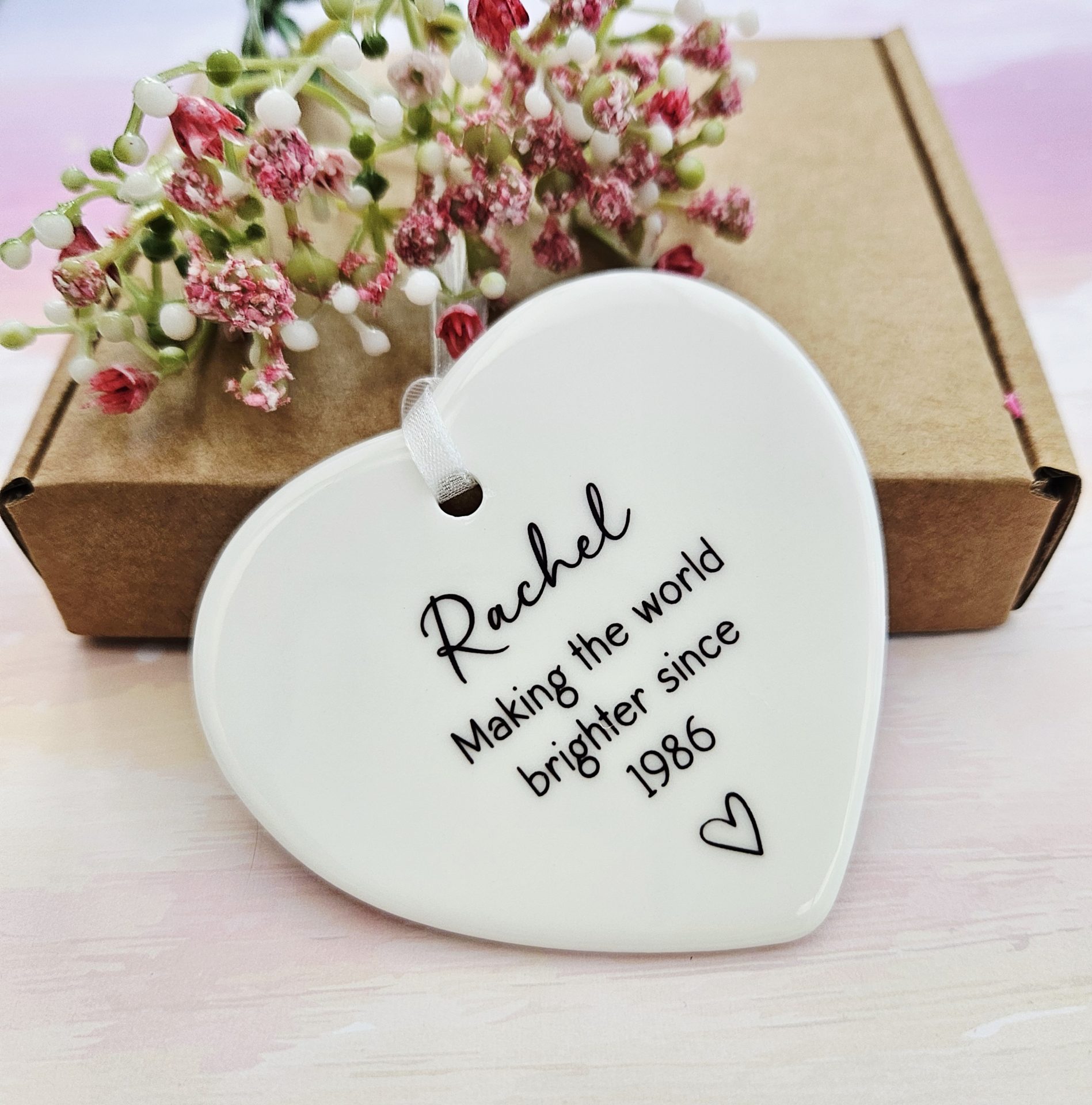 Personalised 40th birthday keepsake ceramic heart with custom name and year, handmade birthday ornament gift