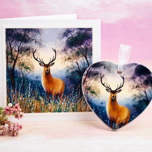 matching woodland stag greeting card and ceramic heart gift set