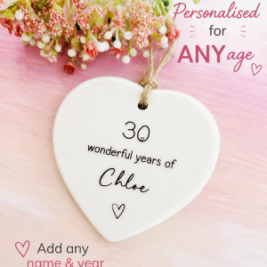 personalised birthday ceramic heart any age name and year keepsake gift