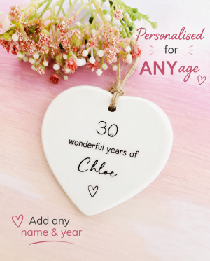 personalised birthday ceramic heart any age name and year keepsake gift
