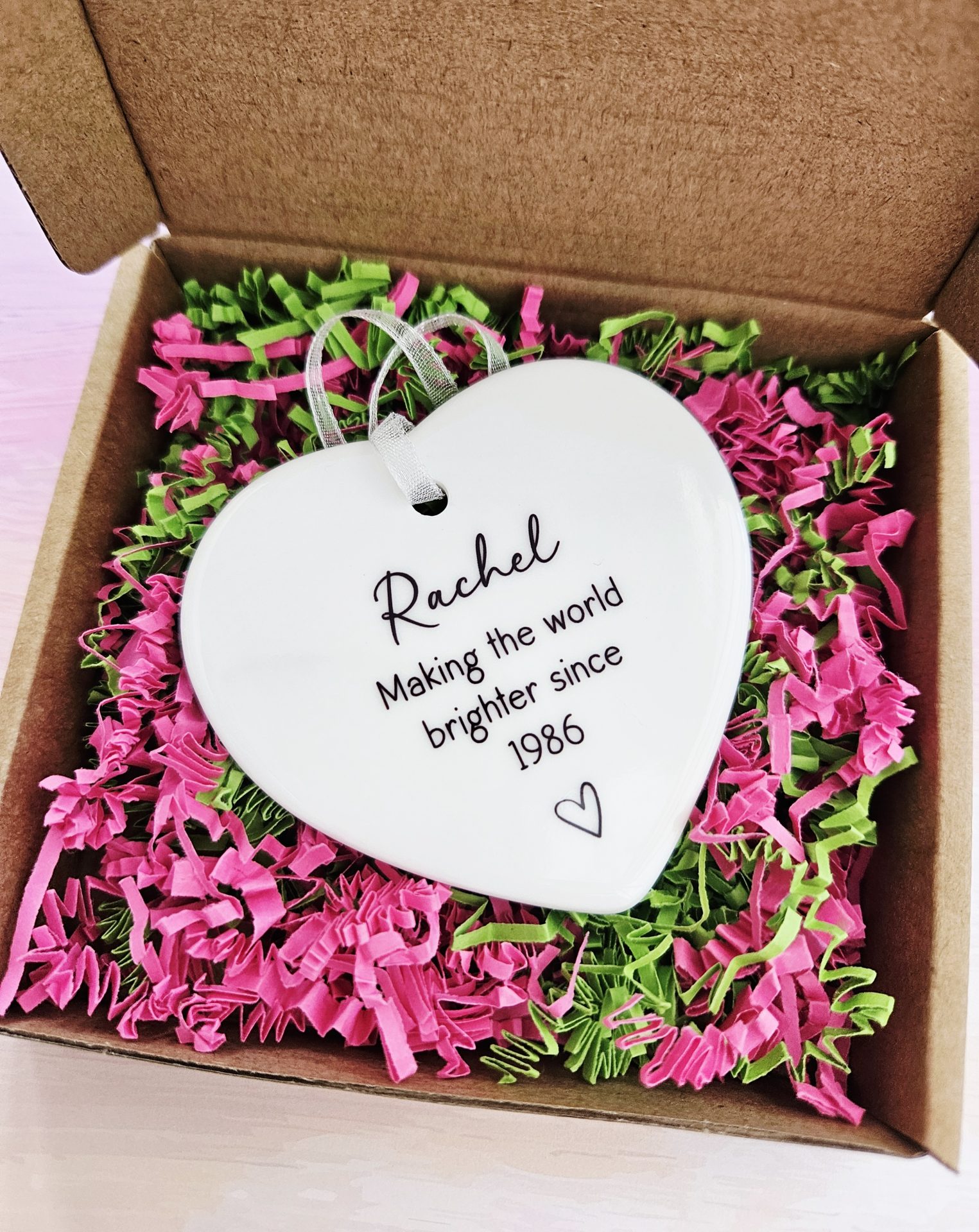 Gift boxed personalised 40th birthday ceramic heart, handmade milestone birthday keepsake presented ready for gifting
