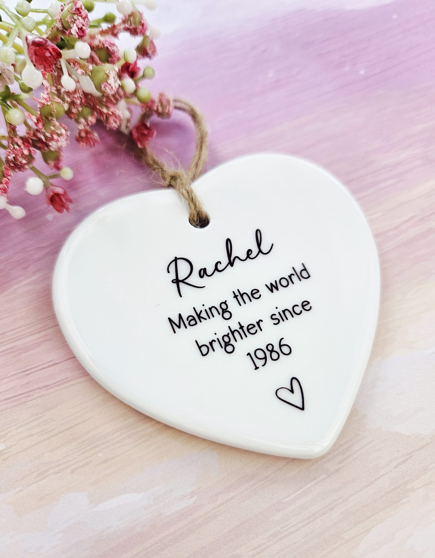 Making the World Brighter Since personalised ceramic heart with name and birth year, thoughtful 40th birthday gift