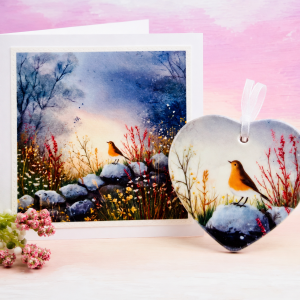 matching robin greeting card and ceramic heart gift set
