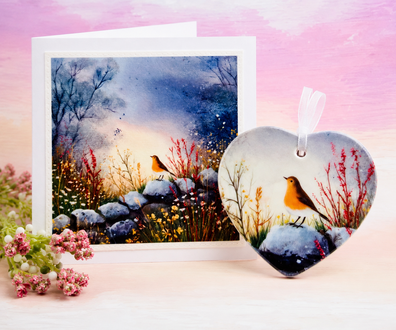 matching robin greeting card and ceramic heart gift set