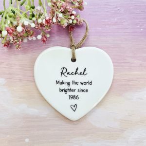 Handmade personalised 40th birthday ceramic heart keepsake with custom name and Making the World Brighter Since wording