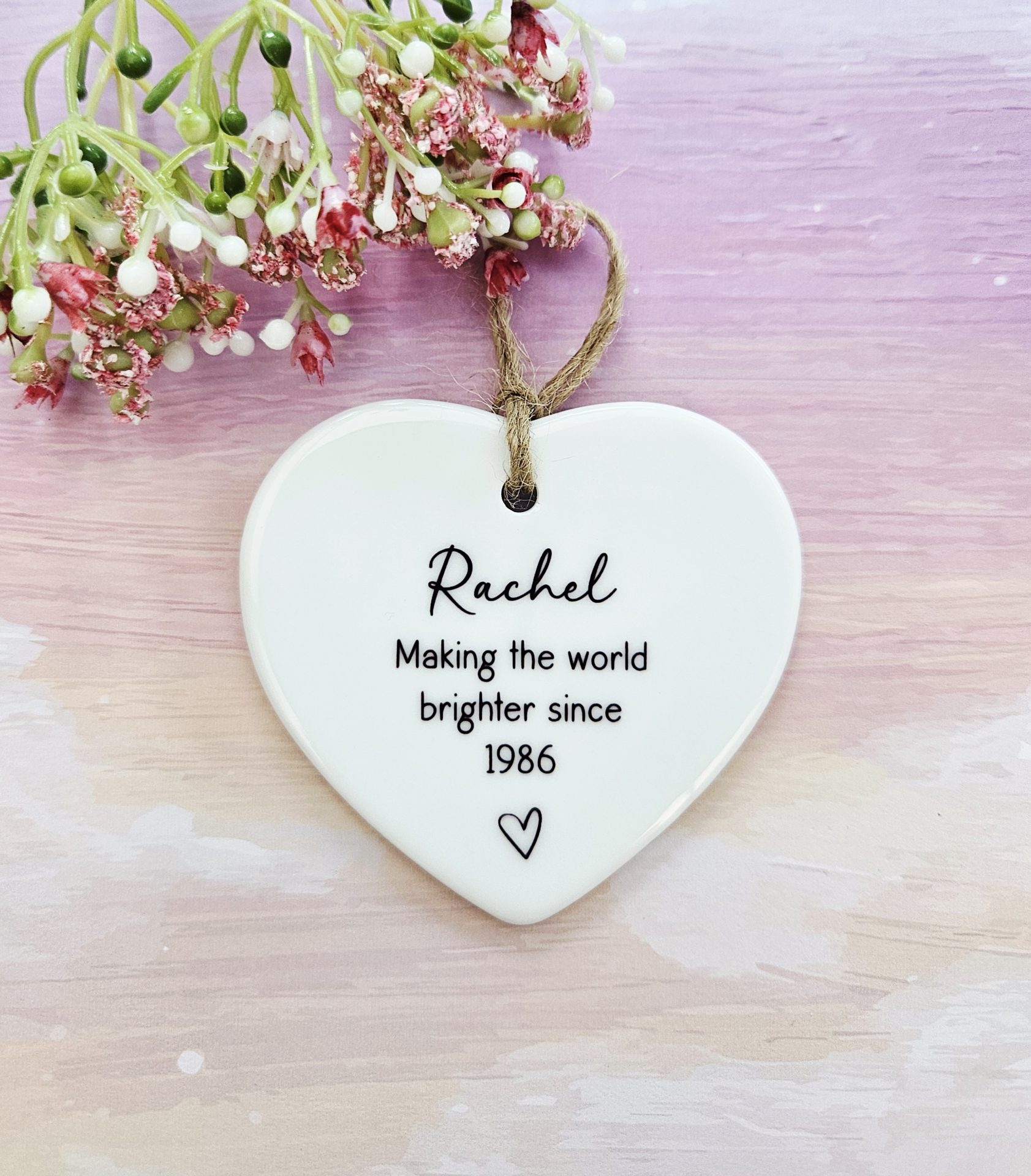 Handmade personalised 40th birthday ceramic heart keepsake with custom name and Making the World Brighter Since wording
