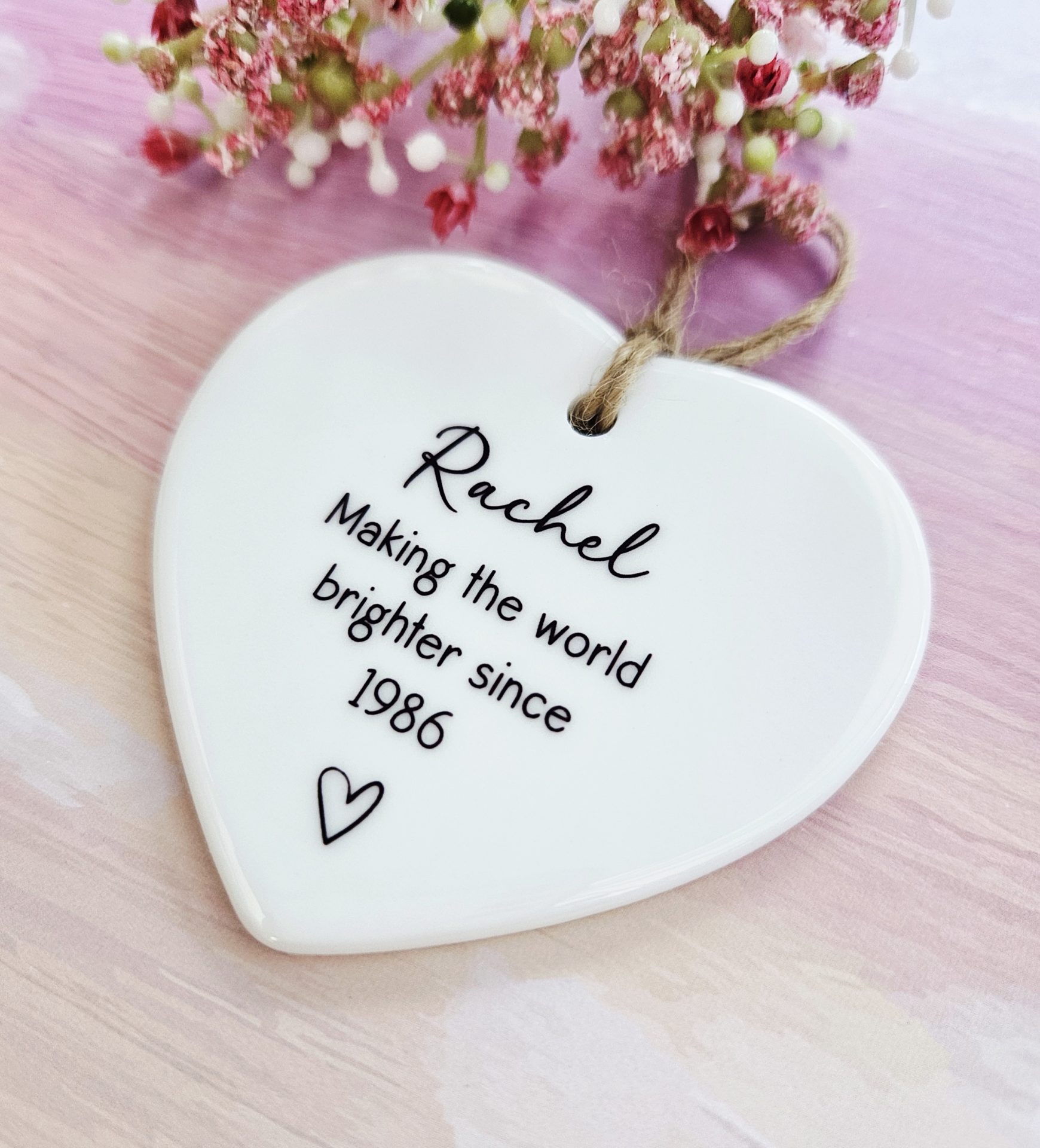 Personalised milestone birthday ceramic heart with custom name and year, handmade 40th birthday keepsake gift