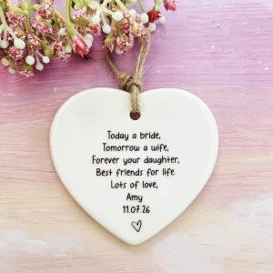 Personalised Mother of the Bride gift ceramic heart with bride name and wedding date