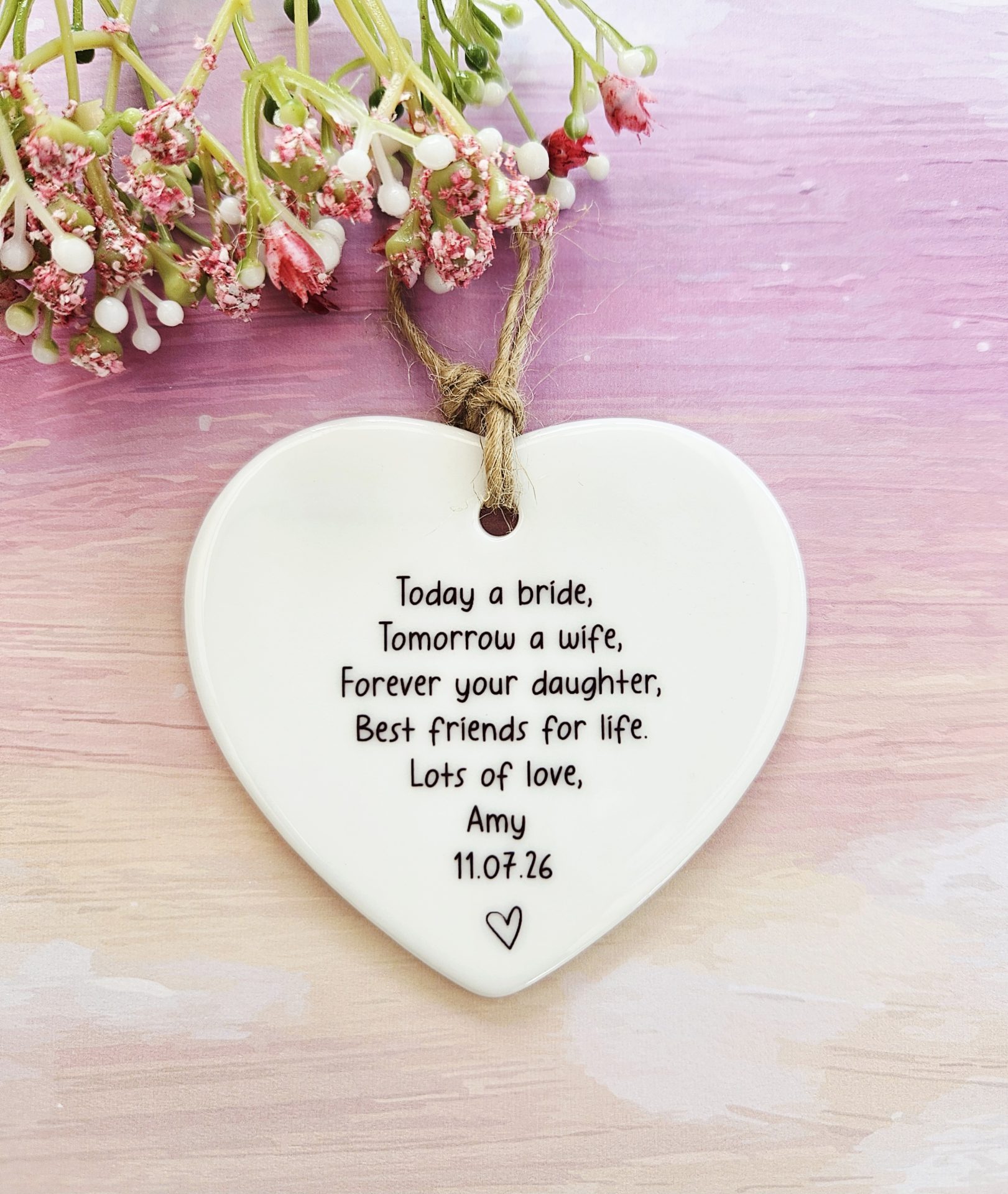 Personalised Mother of the Bride gift ceramic heart with bride name and wedding date
