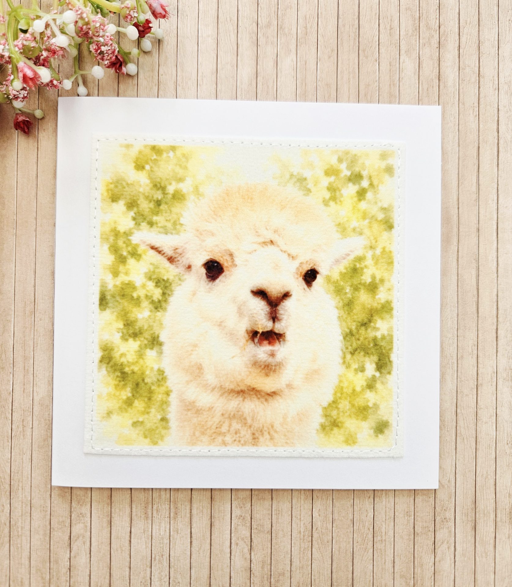 Clear flat lay main photo of a handmade alpaca greeting card with a fabric illustration panel and envelope.
