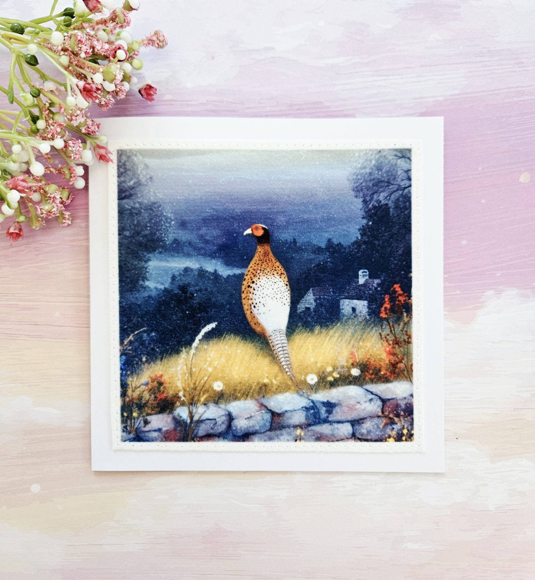Wildlife greeting card with pheasant standing in countryside grasses