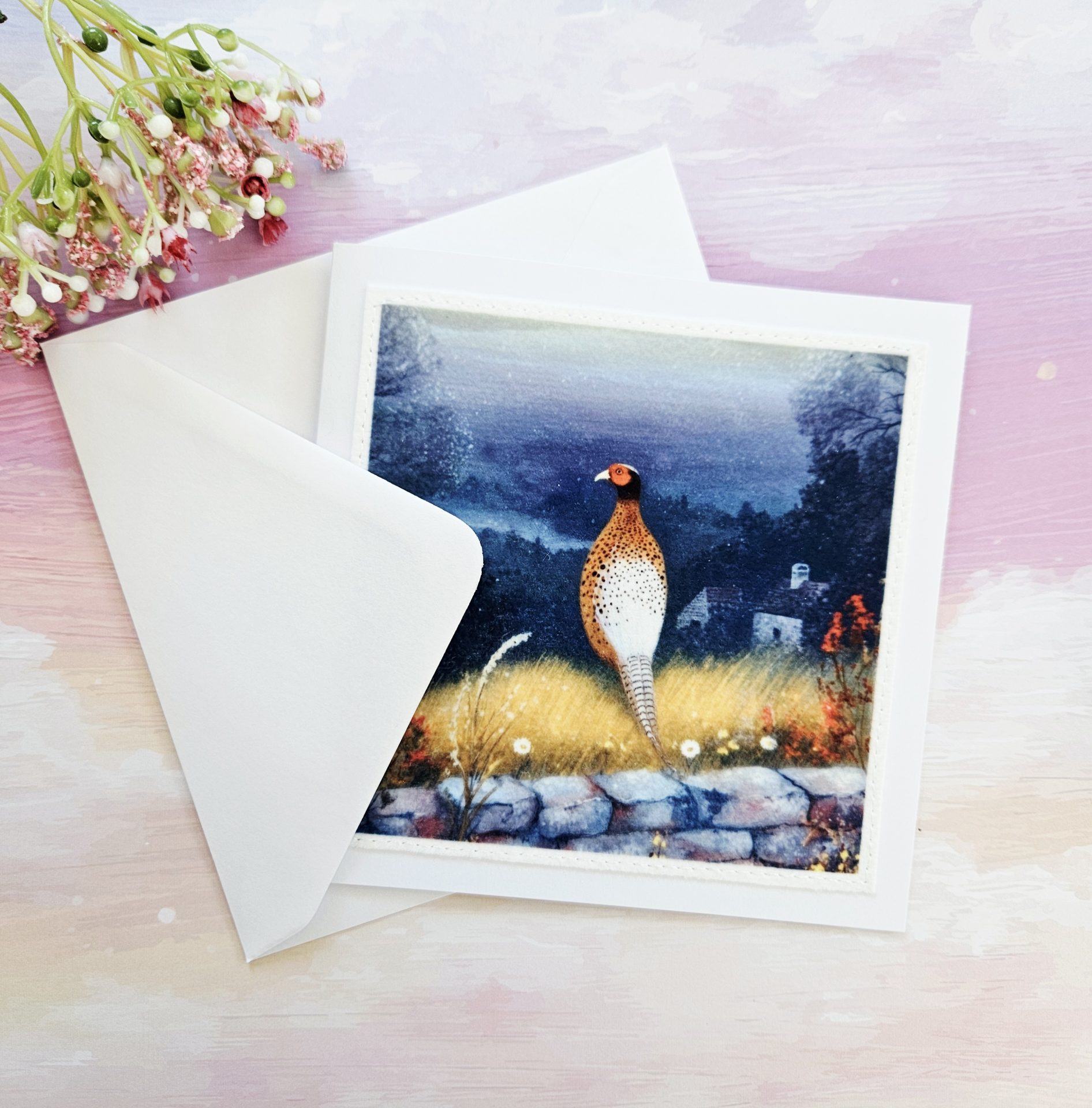 Nature greeting card with pheasant artwork printed on fabric